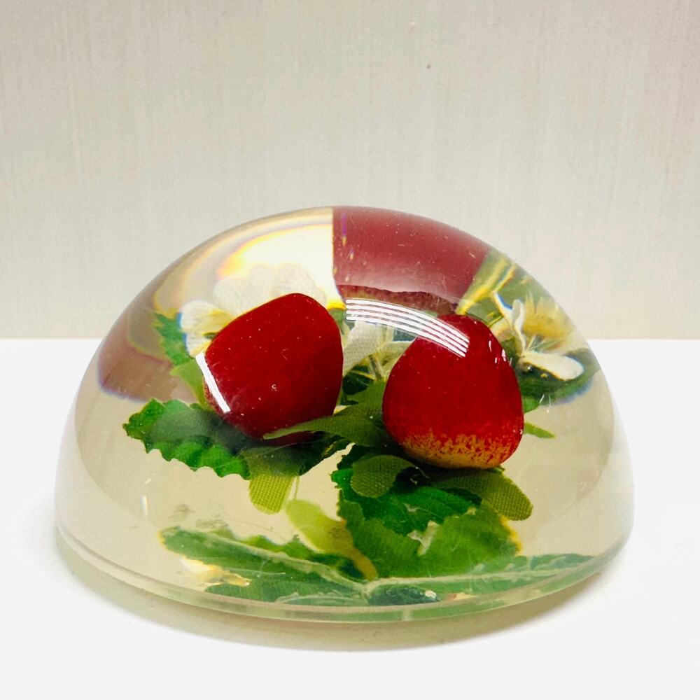Vintage Domed Strawberry Paperweight Lucite Acrylic Glows UV Light